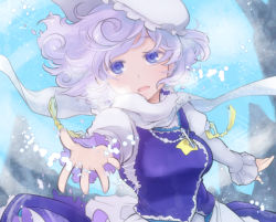 Rule 34 | 1girl, blue dress, blue eyes, breasts, commentary request, day, diffraction spikes, dress, floating hair, hat, inuinui, juliet sleeves, letty whiterock, light purple hair, long sleeves, medium breasts, open mouth, outstretched arm, puffy sleeves, reaching, reaching towards viewer, rock, scarf, short hair, sky, snow, solo, touhou, upper body, white hat