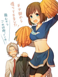 Rule 34 | 1boy, 1girl, ahoge, bike shorts under skirt, blank eyes, blazer, blue eyes, blue skirt, blush, bob cut, breasts, brown hair, cheering, cheerleader, clothes writing, collared shirt, crop top, dress shirt, giving, grey jacket, hand up, holding, holding clothes, holding jacket, holding pom poms, jacket, unworn jacket, jumping, long sleeves, midriff, miniskirt, navel, necktie, nishii (pixiv4603624), open mouth, pom pom (cheerleading), pom poms, protagonist (tokimemo gs2), red necktie, saeki teru, shirt, shoes, short hair, skirt, socks, standing, standing on one leg, sweatdrop, tokimeki memorial, tokimeki memorial girl&#039;s side 2nd kiss, translation request, v-neck, wavy mouth, white background, white footwear, white shirt