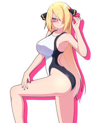 Rule 34 | 1girl, alternate breast size, alternate costume, ass, bare arms, bespectacled, black nails, blonde hair, breasts, closed mouth, commentary request, competition swimsuit, creatures (company), cynthia (pokemon), from side, game freak, glasses, grey eyes, hair ornament, hair over one eye, hand up, highleg, highres, long hair, looking to the side, madoka (user zrnk8278), nail polish, nintendo, one-piece swimsuit, pink-framed eyewear, pokemon, pokemon dppt, semi-rimless eyewear, smile, solo, swimsuit, white background, white one-piece swimsuit