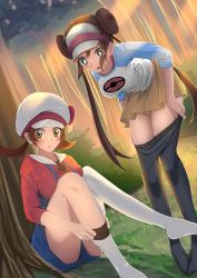 Rule 34 | 2girls, :o, black legwear, blue eyes, blue shorts, blue sleeves, blush, breasts, brown eyes, brown hair, bush, cabbie hat, clothes pull, commentary request, creatures (company), double bun, dusk, forest, full body, game freak, hair between eyes, hair bun, harikonoma, hat, hat ribbon, highres, leaning forward, light rays, long hair, looking at another, looking down, low twintails, lyra (pokemon), medium breasts, multiple girls, nature, nintendo, no shoes, overall shorts, overalls, pantyhose, pantyhose pull, parted lips, poke ball print, pokemon, pokemon bw2, pokemon hgss, raglan sleeves, red shirt, ribbon, rosa (pokemon), shirt, short shorts, shorts, sidelocks, sitting, standing, sunbeam, sunlight, thighhighs, thighhighs pull, tree, twintails, very long hair, visor cap, white legwear, white shirt, yellow shorts