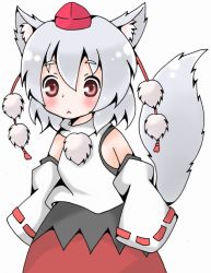 Rule 34 | 1girl, :&lt;, animal ears, bad id, bad pixiv id, blush, detached sleeves, eyebrows, hands in opposite sleeves, hat, high collar, inubashiri momiji, looking at viewer, meme-tan (bana nan26), pom pom (clothes), red eyes, red hat, silver hair, simple background, skirt, solo, tail, tokin hat, touhou, white background, wolf ears, wolf tail