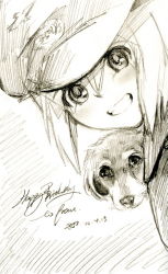 Rule 34 | 1girl, animal, bad id, bad pixiv id, brown theme, dachshund, dog, erica hartmann, grin, hat, kisetsu, monochrome, short hair, sketch, smile, solo, strike witches, traditional media, world witches series