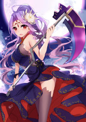 Rule 34 | 1girl, absurdres, bison cangshu, black thighhighs, breasts, character request, crusaders quest, dress, flower, hair flower, hair ornament, highres, holding, holding weapon, lilith (crusaders quest), long hair, looking at viewer, medium breasts, moon, open mouth, outdoors, purple hair, red eyes, sideboob, solo, thighhighs, weapon, white flower