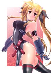 Rule 34 | 1girl, absurdres, arm strap, belt, black thighhighs, blonde hair, breasts, fate testarossa, from side, gauntlets, hair ribbon, highres, large breasts, long hair, looking at viewer, lyrical nanoha, mahou shoujo lyrical nanoha strikers, red eyes, ribbon, solo, tennouji masamichi, thighhighs, twintails