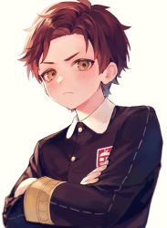 Rule 34 | 1boy, black jacket, blurry, blush, brown eyes, child, closed mouth, collared shirt, commentary request, crossed arms, damian desmond, depth of field, eden academy school uniform, frown, highres, jacket, long sleeves, looking at viewer, male focus, red hair, school uniform, shinotarou (nagunaguex), shirt, short hair, simple background, solo, spy x family, stitches, upper body, white background
