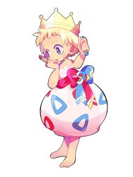 Rule 34 | 1girl, arm up, bad id, bad pixiv id, bare shoulders, barefoot, blonde hair, blue eyes, blush, blush stickers, bow, child, choker, crayon, creatures (company), crown, dress, female focus, flat chest, full body, game freak, gen 2 pokemon, hand on own chin, hand on own face, hand up, happy, holding, holding crayon, looking down, narumame, nintendo, open mouth, personification, poke ball, poke ball (basic), poke ball theme, pokemon, simple background, smile, solo, standing, strapless, strapless dress, togepi, waist bow, white background