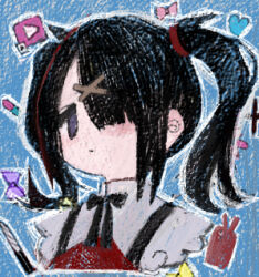 Rule 34 | 1girl, ame-chan (needy girl overdose), black hair, black ribbon, blue background, collared shirt, cropped torso, hair ornament, hair over one eye, long hair, looking at viewer, neck ribbon, needy girl overdose, outline, phone, purple eyes, red shirt, ribbon, shirt, solo, suspenders, twintails, upper body, x hair ornament, xiao chichi, youtube logo