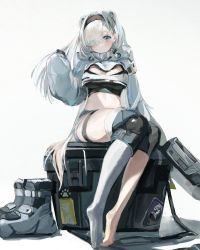 Rule 34 | 1girl, arknights, aurora (arknights), barefoot, black gloves, black hairband, black shirt, blue eyes, blush, boots, unworn boots, breasts, commentary request, crate, crop top, cropped jacket, eyes visible through hair, gloves, grey background, hair over one eye, hairband, hand up, highres, jacket, long hair, long sleeves, looking at viewer, medium breasts, midriff, sankichi (croquette crab), shirt, simple background, single thighhigh, sitting, solo, stomach, thigh strap, thighhighs, thighs, white hair, white jacket