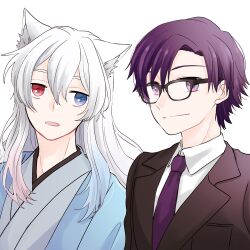 Rule 34 | 2boys, animal ear fluff, animal ears, black-framed eyewear, blue eyes, blue hair, brown jacket, closed mouth, collared shirt, copyright request, eyebrows hidden by hair, glasses, gradient hair, grey hair, grey kimono, hair between eyes, heterochromia, jacket, japanese clothes, kimono, long hair, male focus, maru (memoriatechnica), multicolored hair, multiple boys, necktie, open clothes, parted lips, pink hair, purple eyes, purple hair, purple necktie, red eyes, shirt, simple background, smile, thick eyebrows, upper body, white background, white shirt