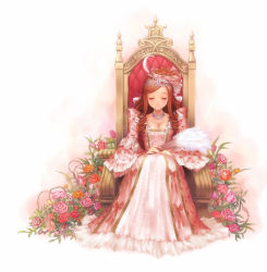Rule 34 | 1girl, bow, breasts, cleavage, copyright request, crown, dress, drill hair, closed eyes, hand fan, feathers, flower, goto p, hair ornament, jewelry, long dress, long hair, long sleeves, medium breasts, necklace, orange rose, pink dress, pink rose, red hair, red rose, rose, sitting, smile, solo, throne, wide sleeves