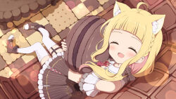 Rule 34 | 1girl, :d, ahoge, animal ears, bare shoulders, blonde hair, blurry, blush, bokeh, boots, braid, brown footwear, brown skirt, cat ears, cat girl, character request, closed eyes, colored inner hair, commission, copyright request, depth of field, dot nose, facing viewer, fang, food, frilled skirt, frills, from above, highres, holding, holding food, hugging object, knees together feet apart, long hair, macaron, multicolored hair, off-shoulder shirt, off shoulder, open mouth, oversized food, oversized object, pink hair, pleated skirt, shirt, short bangs, short sleeves, sidelocks, skeb commission, skin fang, skirt, smile, solo, straight hair, thigh strap, thighhighs, tyomimas, white shirt, white thighhighs