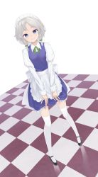 Rule 34 | 1girl, apron, black footwear, blue eyes, blue skirt, blue vest, braid, checkered floor, clothes lift, commentary, dutch angle, expressionless, foreshortening, full body, highres, izayoi sakuya, juliet sleeves, kanpa (campagne 9), knife, lifting own clothes, long sleeves, looking at viewer, maid headdress, puffy sleeves, reflection, reflective floor, shirt, short hair, silhouette, simple background, skirt, skirt lift, solo, standing, thighhighs, touhou, twin braids, v arms, vest, waist apron, white background, white shirt, white thighhighs
