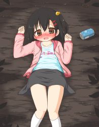 Rule 34 | 1girl, animated, animated gif, black hair, black skirt, blinking, blue shirt, blush, breathing, brown hair, can, commentary request, d:, drink can, embarrassed, flat chest, hair bobbles, hair ornament, hood, hood down, hoodie, long sleeves, lying, medium hair, nose blush, on back, on ground, open clothes, open hoodie, open mouth, original, pink hoodie, ri-net, shirt, skirt, soda can, sweat