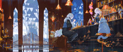 Rule 34 | aethius (pixiv fantasia), alcd, androgynous, artist name, bar (place), bar stool, bartender, black skirt, brown footwear, cat, drink, fur trim, gender request, glass, highres, indoors, lamp, light brown hair, long hair, long sleeves, male focus, nuvola, peyote (pixiv fantasia), pixiv fantasia, pixiv fantasia last saga, plant, pointy ears, potted plant, scenery, short hair, sitting, skirt, staff, standing, stool, table, white hair