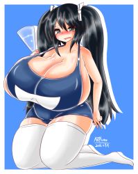 Rule 34 | 10s, 1girl, alternate breast size, ayazumi flutter, black hair, blue one-piece swimsuit, blush, breasts, cleavage, collarbone, embarrassed, female focus, gigantic breasts, green eyes, isuzu (kancolle), kantai collection, kneeling, long hair, long twintails, looking at viewer, one-piece swimsuit, original, plump, school swimsuit, sideboob, simple background, solo, swimsuit, tears, thick thighs, thighhighs, thighs, twintails, very long hair, white thighhighs
