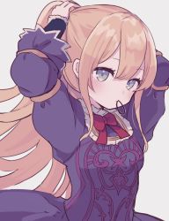 Rule 34 | 1girl, alternate hairstyle, arms behind head, arms up, blue dress, blush, bow, closed mouth, dress, green eyes, grey background, hair between eyes, hair tie, hair tie in mouth, highres, karunabaru, light brown hair, long hair, long sleeves, looking at viewer, luna (shadowverse), mouth hold, ponytail, puffy long sleeves, puffy sleeves, red bow, shadowverse, sidelocks, simple background, solo, tying hair, very long hair