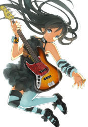 Rule 34 | 01 0219, 1girl, akiyama mio, arm warmers, asymmetrical legwear, bare shoulders, bass guitar, black eyes, black hair, bow, don&#039;t say &quot;lazy&quot;, female focus, full body, high heels, instrument, k-on!, long hair, mismatched legwear, smile, solo, striped clothes, striped thighhighs, thighhighs, white background, wrist cuffs