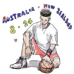 Rule 34 | 1boy, ball, basketball, black eyes, black hair, black wristband, closed mouth, commentary, dark-skinned male, dark skin, dated, elbow on knee, english commentary, english text, full body, heart, highres, holding, holding ball, inoue takehiko, looking at viewer, male focus, miyagi ryouta, official art, on one knee, red shorts, red wristband, shadow, shirt, shoes, short hair, short sleeves, shorts, simple background, slam dunk (series), smirk, sneakers, solo, t-shirt, very short hair, white background, white footwear, white shirt, white sleeves