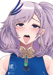 Rule 34 | 1girl, ahegao, blush, braid, braided bangs, breasts, detached sleeves, dress, earrings, empty eyes, feather hair ornament, feathers, grey hair, hair ornament, highres, hololive, hololive indonesia, jewelry, landacdeus, large breasts, long hair, looking at viewer, navel, open mouth, pavolia reine, pavolia reine (1st costume), saliva, side ponytail, solo, tongue, tongue out, virtual youtuber