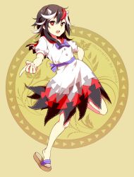 Rule 34 | 1girl, arrow (symbol), artist name, bad id, bad pixiv id, black hair, bow, cone horns, dress, grey horns, hand on head, horns, kijin seija, leg up, looking at viewer, multicolored hair, okono, open mouth, pointy ears, red eyes, sandals, short hair, solo, streaked hair, touhou, white dress