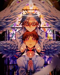 Rule 34 | 2boys, absurdres, angel, angel wings, black collar, brown hair, chinese commentary, closed mouth, collar, collarbone, collared shirt, commentary request, cuffs, feathered wings, glowing, gradient hair, halo, handcuffs, highres, ikari shinji, interlocked fingers, light particles, looking at another, looking down, looking up, male focus, multicolored hair, multiple boys, nagisa kaworu, neon genesis evangelion, own hands clasped, own hands together, pale skin, parted lips, pink lips, praying, psycho373, purple eyes, red eyes, red hair, shirt, short hair, short sleeves, smile, stained glass, straight-on, teeth, upper body, white hair, white halo, white shirt, white wings, wings, yaoi