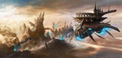 Rule 34 | aircraft, airship, arch, artist request, blue fire, building, city, cloud, cloudy sky, copyright name, copyright notice, day, debris, desert, destruction, final fantasy, final fantasy xiv, fire, flag, highres, no humans, official art, outdoors, sand, scenery, sky, smoke