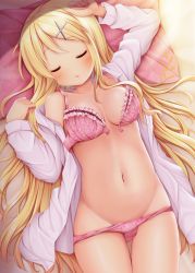 Rule 34 | 1girl, arm up, bed sheet, blonde hair, blush, bra, breasts, cleavage, closed eyes, facing viewer, floral print, flower bra, flower panties, front-hook bra, groin, hair ornament, hairclip, highres, kin-iro mosaic, kujou karen, long hair, long sleeves, lying, medium breasts, minato ojitan, navel, no pants, on back, on bed, open bra, open clothes, open shirt, panties, panty pull, parted lips, pillow, pink bra, pink panties, print bra, print panties, shirt, sleeping, solo, stomach, thigh gap, underwear, unfastened, white shirt, x hair ornament