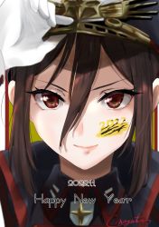 Rule 34 | 1girl, 2022, blue jacket, brown eyes, brown hair, close-up, gloves, hair between eyes, happy new year, hat, highres, jacket, lips, long hair, long sleeves, looking at viewer, military, military hat, military jacket, military uniform, morag ladair (xenoblade), nayuta-kanata, new year, portrait, signature, simple background, smile, uniform, v-shaped eyebrows, white gloves, xenoblade chronicles (series), xenoblade chronicles 2, yellow background