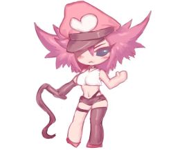 Rule 34 | 1girl, black gloves, black thighhighs, blue eyes, breasts, chibi, choker, commentary request, fumio (rsqkr), gloves, hair over one eye, hat, heart, midriff, navel, pink hair, poison (final fight), simple background, single glove, single thighhigh, solo, street fighter, street fighter v, thighhighs, whip, white background
