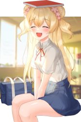 Rule 34 | 1girl, absurdres, bad id, bad pixiv id, bag, between legs, blonde hair, blush, book, book on head, bow, classroom, double bun, dress shirt, closed eyes, fang, flower, hair bun, hair flower, hair ornament, hand between legs, harusame (user wawj5773), highres, hololive, huge filesize, indoors, long hair, momosuzu nene, object on head, open mouth, outside border, pleated skirt, ribbon, shirt, sitting, skirt, smile, solo, two side up, uniform, virtual youtuber