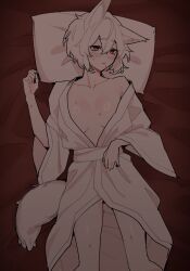 Rule 34 | 1641 (chfhrtor94), 1girl, alternate costume, animal ear fluff, animal ears, bed, blush, breasts, breasts apart, collarbone, commentary request, feet out of frame, hair between eyes, inubashiri momiji, japanese clothes, kimono, korean commentary, long bangs, looking to the side, lying, medium breasts, on back, open mouth, red eyes, short hair, solo, sweat, tail, touhou, white hair, white kimono, wolf ears, wolf girl, wolf tail