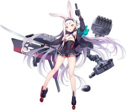 Rule 34 | 1girl, animal ears, azur lane, blush, brown eyes, dual wielding, flat chest, full body, gun, hairband, highres, holding, holding sword, holding weapon, jacket, katana, kuroboshi kouhaku, long hair, long sleeves, machinery, official art, open clothes, open jacket, open mouth, rabbit ears, shimakaze (azur lane), sleeves past wrists, solo, swimsuit, swimsuit over clothes, sword, torpedo, torpedo launcher, transparent background, weapon, white hair