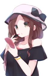 Rule 34 | 10s, 1girl, applying makeup, bad id, bad pixiv id, bare shoulders, black shirt, bow, bracelet, brown hair, collarbone, commentary request, cosmetics, grey eyes, hand mirror, hat, hat bow, jewelry, kimi no na wa., lipstick, lipstick tube, long hair, looking at mirror, makeup, mirror, nail polish, okudera miki, shirt, simple background, solo, watanon (gakushokutei), white background, white hat