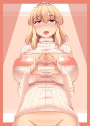 Rule 34 | 1girl, alice margatroid, blush, bottomless, breasts, from below, groin, heart, heart hands, highres, huge breasts, large areolae, large breasts, meme attire, open-chest sweater, out-of-frame censoring, ribbed sweater, shitto mask (shittoden), smile, solo, sweater, touhou