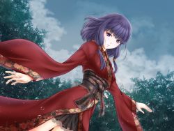 Rule 34 | 1girl, artist request, character request, copyright request, day, floating hair, fringe trim, highres, japanese clothes, kimono, long sleeves, looking at viewer, outdoors, parted lips, purple eyes, purple hair, red kimono, short hair, solo, wide sleeves