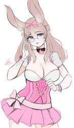 Rule 34 | 1girl, animal ears, armband, artist name, warrior of light (ff14), blue eyes, breasts, choker, cleavage, dress, fevermoon, final fantasy, final fantasy xiv, glasses, highres, large breasts, pink hair, rabbit ears, rabbit girl, ribbon, sketch, solo, tagme, viera