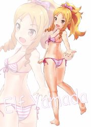 Rule 34 | 10s, 1girl, ass, bare arms, bare legs, barefoot, bikini, blonde hair, bow, breasts, butt crack, character name, cygnus6848, drill hair, eromanga sensei, feet, female focus, from behind, full body, green eyes, hair bow, highres, open mouth, ponytail, side-tie bikini bottom, soles, solo, striped bikini, striped clothes, swimsuit, twin drills, white background, yamada elf, zoom layer
