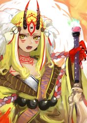 Rule 34 | 1girl, bare shoulders, blonde hair, claws, fate/grand order, fate (series), female focus, fire, highres, horns, ibaraki douji (fate), japanese clothes, kimono, kinoko oukoku, long hair, looking at viewer, off shoulder, oni, oni girl, oni horns, short kimono, simple background, solo, sword, weapon, wide sleeves, yellow eyes, yellow kimono