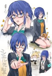 Rule 34 | ..., 1girl, adjusting eyewear, alternate costume, animal ears, antenna hair, black-framed eyewear, black jacket, black neckwear, black skirt, blue eyes, blue hair, blush, bow, bowtie, bread, breasts, cat ears, chibi, ciel (tsukihime), closed eyes, closed mouth, collared shirt, commentary request, food, glasses, green bow, green neckwear, hair between eyes, hand on own hip, highres, holding, holding food, jacket, long sleeves, looking at viewer, looking away, medium breasts, miniskirt, musical note, neco-arc, official alternate costume, open clothes, open jacket, open mouth, pantyhose, pleated skirt, pointing, pointing at viewer, school uniform, seiza, shirt, short hair, sidelocks, sitting, skirt, speech bubble, sweatdrop, sweater, thighs, translation request, tsukihime, tsukihime (remake), uhana, uniform, vest, white shirt, white sweater, yellow vest