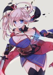 Rule 34 | 1girl, :q, bare shoulders, black thighhighs, blue eyes, breasts, cleavage, dual wielding, earrings, fate/grand order, fate (series), highres, holding, holding sword, holding weapon, japanese clothes, jewelry, katana, kimono, large breasts, light purple hair, long hair, looking at viewer, miyamoto musashi (fate), miyamoto musashi (second ascension) (fate), mom 29 mom, sash, smile, solo, sword, thighhighs, tongue, tongue out, weapon