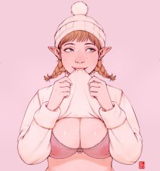Rule 34 | 1girl, blush, bra, breasts, clothes lift, covered erect nipples, elf, flashing, freckles, hat, highres, large breasts, mouth hold, pink background, pointy ears, shirt lift, simple background, solo, sweater, sweater lift, tagme, underwear, volt crocodile