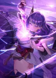 1girl absurdres ass breasts cleavage cowboy_shot genshin_impact hair_between_eyes highres holding holding_sword holding_weapon human_scabbard japanese_clothes kimono large_breasts long_braid looking_at_viewer mole mole_under_eye musou_isshin_(genshin_impact) obi obiage obijime p.nutt purple_eyes purple_hair purple_kimono purple_sky purple_thighhighs raiden_shogun sash sky solo sword thighhighs thighs weapon