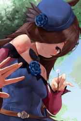 Rule 34 | 1girl, absurdres, animal ears, bare shoulders, belt, blue dress, blue hat, blush, bowler hat, brown hair, closed mouth, doroti., dress, ear cleaning, flipped hair, flower, hair over one eye, hat, hat flower, hat over one eye, highres, horse ears, impossible clothes, impossible dress, lap pillow invitation, long hair, long sleeves, looking at viewer, mimikaki, off shoulder, one eye covered, red sleeves, rice shower (umamusume), simple background, skin tight, smile, solo, strapless, strapless dress, umamusume
