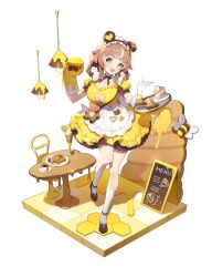 Rule 34 | + +, 1girl, :d, animal ears, apron, bear cutout, bear ears, bee, beehive, breasts, brooch, brown footwear, brown hair, bug, cake, cake slice, ceiling light, chair, cleavage, cleavage cutout, clothing cutout, coffee, coffee cup, cup, dessert, disposable cup, dora (eversoul), dress, eversoul, fake animal ears, food, frilled apron, frilled dress, frills, full body, game cg, gloves, green eyes, heart, heart brooch, highres, holding, holding plate, honey, honeycomb (pattern), ice cream, insect, jewelry, kneehighs, large breasts, leg up, looking at viewer, looking to the side, maid, maid apron, maid headdress, menu board, multicolored hair, official alternate costume, official alternate hairstyle, official art, open mouth, pancake, plate, short sleeves, smile, socks, solo, standing, streaked hair, stuffed animal, stuffed toy, table, tachi-e, teddy bear, transparent background, white socks, yellow dress, yellow gloves