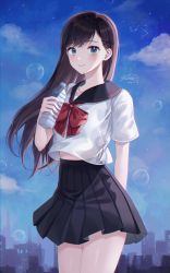 Rule 34 | 1girl, absurdres, arm behind back, black collar, black skirt, blue eyes, blush, bottle, bow, bowtie, brown hair, bubble, cityscape, closed mouth, cloud, collar, commentary request, cowboy shot, dated, hair ornament, hand up, highres, holding, holding bottle, huge filesize, libra (constellation), long hair, looking at viewer, midriff peek, monjja, original, outdoors, pleated skirt, red bow, red bowtie, sailor collar, school uniform, serafuku, shirt, short sleeves, signature, skirt, sky, smile, solo, standing, star (sky), starry sky, white shirt, x hair ornament