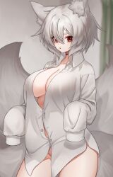 Rule 34 | 1girl, :o, animal ear fluff, animal ears, breasts, fox ears, fox girl, fox tail, grey hair, groin, hair between eyes, highres, kitsune, large breasts, long sleeves, looking at viewer, multiple tails, naked shirt, original, red eyes, shirt, short hair, sleeves past fingers, sleeves past wrists, solo, tail, white shirt, yazune