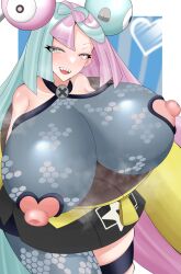 Rule 34 | 1girl, 1kusari, absurdres, asymmetrical legwear, bare shoulders, black skirt, blue hair, bouncing breasts, breasts, collarbone, creatures (company), dot nose, eyelashes, female focus, game freak, gen 1 pokemon, gigantic breasts, heart, highres, huge breasts, impossible clothes, iono (pokemon), long hair, looking at viewer, magnemite, multicolored hair, nintendo, nipple cutout, nipples, open mouth, pink hair, pokemon, pokemon sv, sharp teeth, shiny clothes, shiny skin, skin tight, skirt, smile, solo, teeth, thick thighs, thighs, two-tone hair, very long hair, yellow eyes