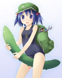 Rule 34 | 1girl, backpack, bag, blue eyes, blue hair, cucumber, female focus, hair bobbles, hair ornament, kannazuki hato, kawashiro nitori, key, matching hair/eyes, one-piece swimsuit, open mouth, randoseru, school swimsuit, sexually suggestive, solo, swimsuit, touhou, two side up, wrench