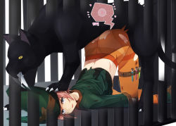 Rule 34 | 1boy, 1girl, animal, bestiality, black fur, cage, claws, clothed sex, fangs, fertilization, hat, interspecies, looking at viewer, onaka itai, orange pantyhose, original, ovum, pantyhose, parted lips, pink hair, pinned, sabertooth cat, sex, short hair, sperm cell, tears, thigh strap, top-down bottom-up, torn clothes, torn legwear