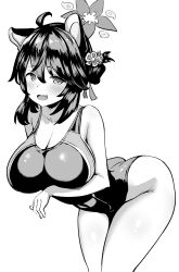 Rule 34 | 1girl, :d, ahoge, alternate costume, animal ears, ass, bare arms, bare shoulders, bent over, blue archive, blush, breasts, cleavage, competition swimsuit, cowboy shot, greyscale, hair between eyes, hair bun, hair ornament, halo, highleg, highleg swimsuit, highres, kaede (blue archive), large breasts, looking at viewer, metsu end, monochrome, one-piece swimsuit, open mouth, short hair, simple background, single side bun, smile, solo, standing, swimsuit